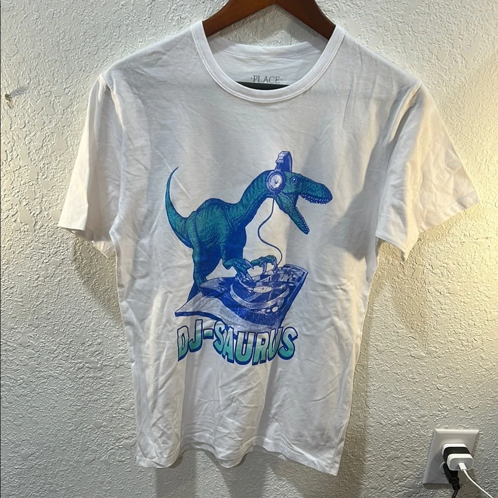 The children’s place White T-Shirt with Dinosaur DJ Graphic size XL 14 NWT